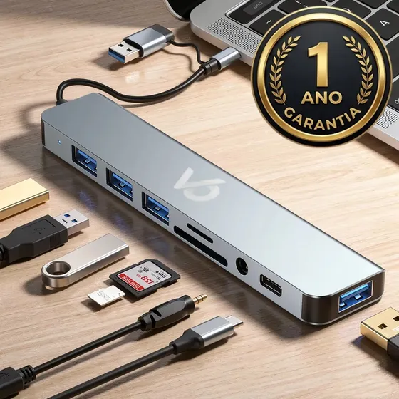 Hub Usb com 8 Portas 3.0 E 2.0 Cabo Tipo C + A Híbrido P2 Estéreo Áudio Thunderbolt Extensor Adaptador Dock Station Dex Macbook iPad Computador Pc Notebook Tablet Type C Voxo