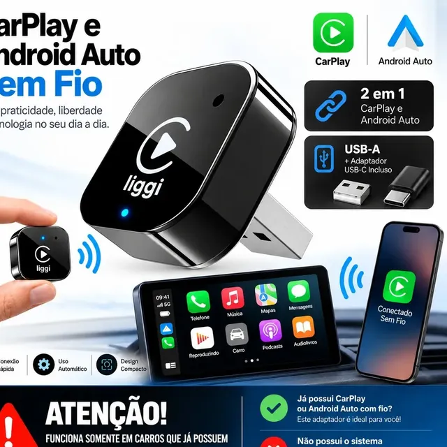 Adaptador CarPlay Sem Fio Android Auto 2 Em 1 USB Wireless Car Play Automático Liggi