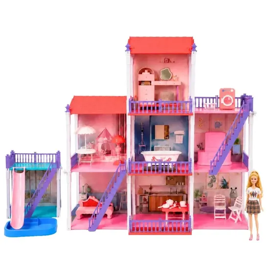 Casinha de Boneca 2 e 3 Andares com Cômodos Grande Móveis Piscina Escorregador Boneca Articulada Maxi Toys - Daisy