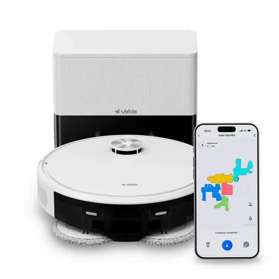 Robô Aspirador Velds V50 Pro, Base Autolimpante Mop Duplo Giratório 10000pa Mapeamento Avançado, 220V