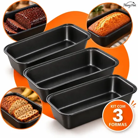 Kit 3 Formas De Pão Bolo Inglês Antiaderente Teflon Assadeira Para Pão Caseiro Cuca Lasanha Torta Brownie Forma Retangular Profissional Resistente Forno Aço Carbono 27cm - Nany Pink
