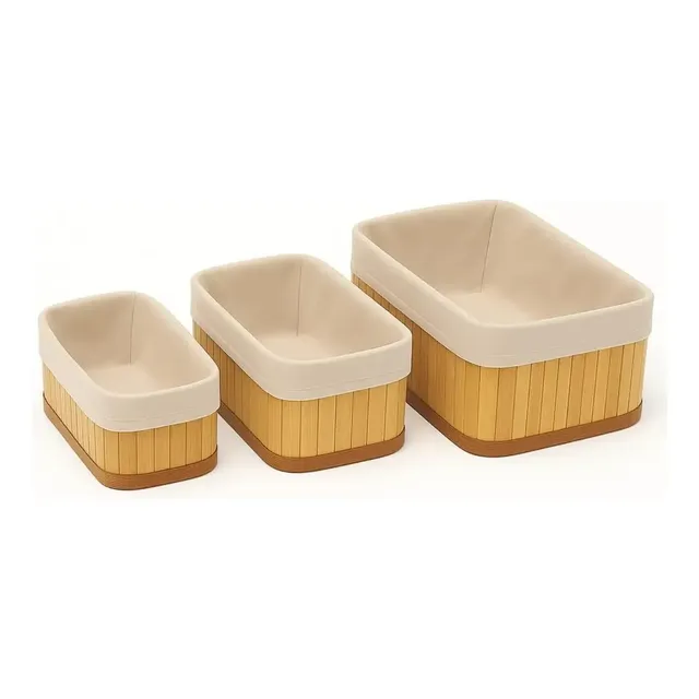 Conjunto 3 Cestos Rústico Decorativos Organizador Multiuso Natural Em Bambu Bege