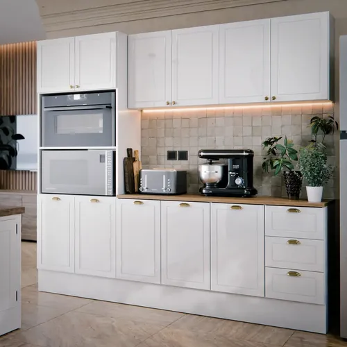 Cozinha Americana Completa 180cm Armário Aéreo e Balcão Suspenso 11 Portas e 3 Gavetas Com 2 Nichos Amplos e Prateleiras Internas Compacto Branco Luiza