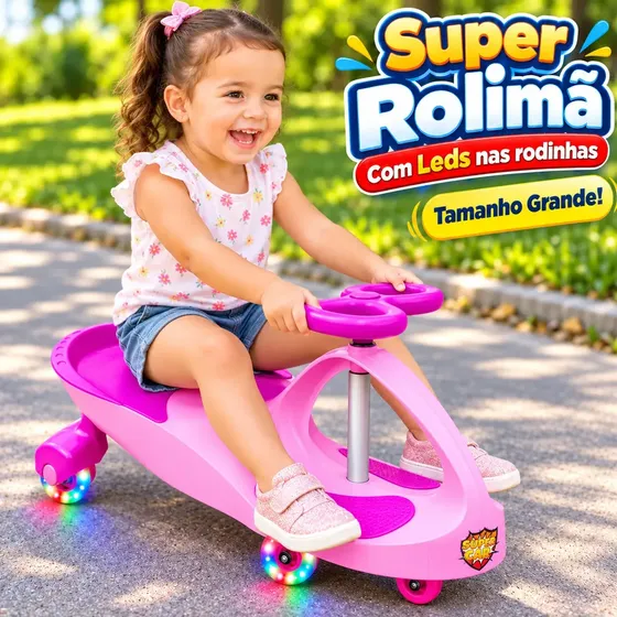 Carrinho Rolimã Infantil Com Rodas Led Triciclo Grande Deslizante Com Volante Brinquedo Para Crianças Super Car Rosa e Lilás