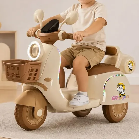 Moto Elétrica Infantil Scooter Retrô Com Led Baú E Cestinha Bege