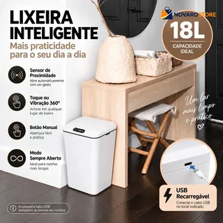 Lixeira Inteligente 18L Recarregável, 3 Modos de Abertura: Sensor de Proximidade, Acionamento 360° por Toque ou Vibração e Botão Manual, com Modo Sempre Aberto - Branca