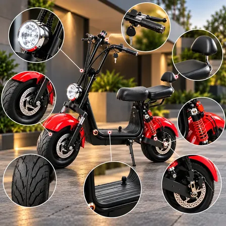 Mini Scooter Elétrica Vermelha 1000W Bateria Lítio 48V 20Ah Autonomia 45-50km 40km/h Banco Duplo Encosto Pneus Largos Freio a Disco