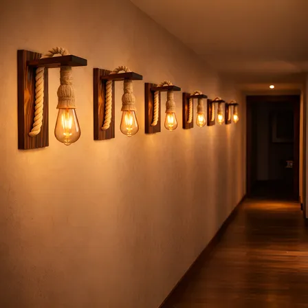 6 Arandelas De Parede Rústica Madeira Corda Luminárias Retrô 110v/220v (bivolt)