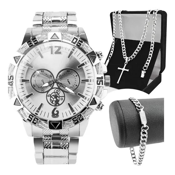 Kit Relógio Masculino Prova Dagua Original Prata + Corrente
