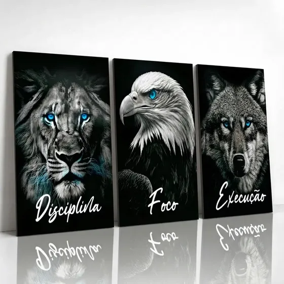 Quadro Decorativo Leão Águia Lobo Disciplina Foco Escritório