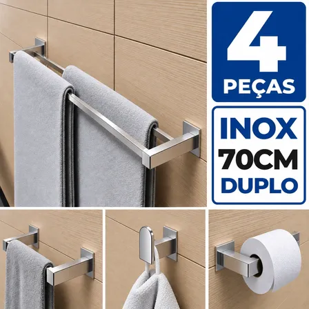 Toalheiro Duplo Inox 304 + Kit Acessórios Banheiro 70cm