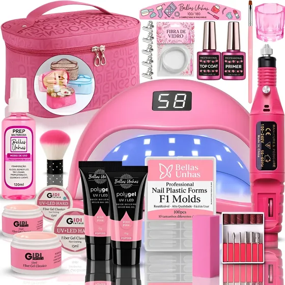 Kit Alongamento Unha Gel, Polygel E Fibra 3em1 Completo Sun5