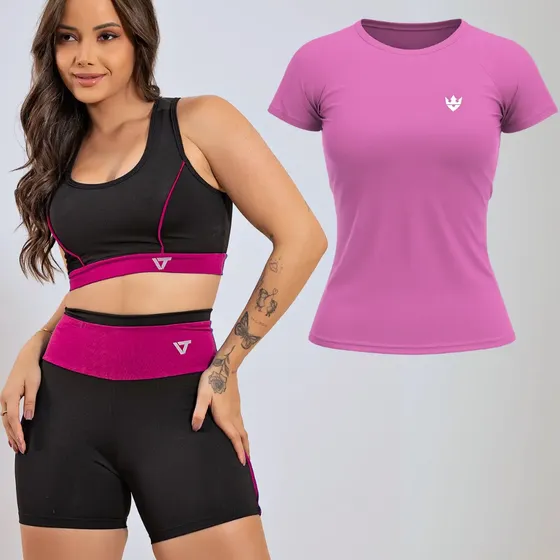 Kit Conjunto Fitness Feminino + Camiseta Roupa Academia