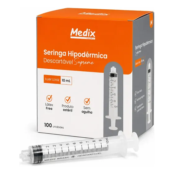 Seringa 10ml Luer Lock Medix Supreme 100un Sem Látex
