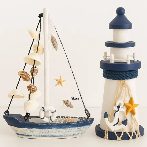 Navio De Madeira + Farol Decoração Oceano Pesca Praia Concha