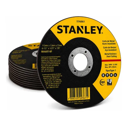 Kit 10 Disco De Corte Aço Inox Fino 4 1/2 Stanley 8061 Ferro Amarelo E Preto