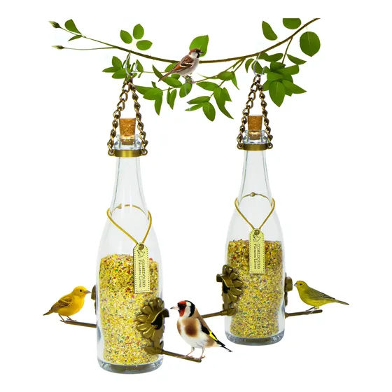 Kit 2 Comedouro Pássaros Livres - Garrafa Champagne Branca