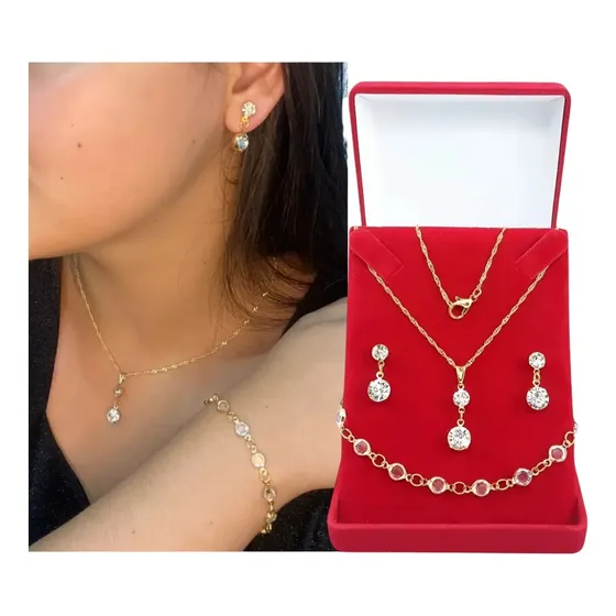 Correntinha Feminina Lindo Kit Com Colar Brincos Pulseira