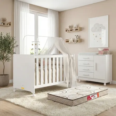 Quarto Bebê Completo Cômoda Trocador Berço Bela Branco Colchão Do Trocador E Colchão Berço Incluso