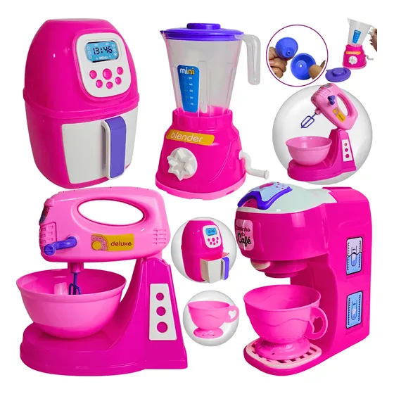 Kit Cozinha Brinquedo Infantil 8pçs Eletrodomésticos Potes Rosa E Verde