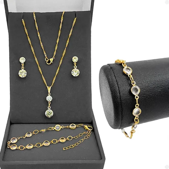 Kit Colar Brincos E Pulseira Feminino Delicado Banhado Ouro