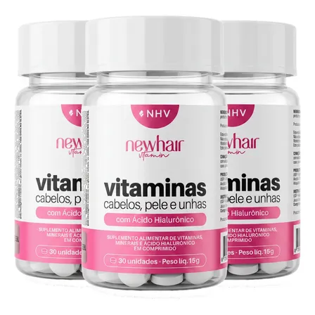 Vitamina Capilar Ácido Hialurônico New Hair 3 Potes 90 Cps