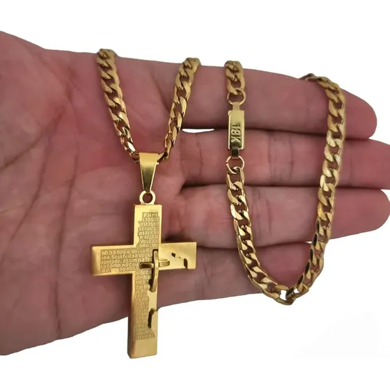 Corrente Masculina Pingente Cruz Moeda Antiga Banhado Ouro