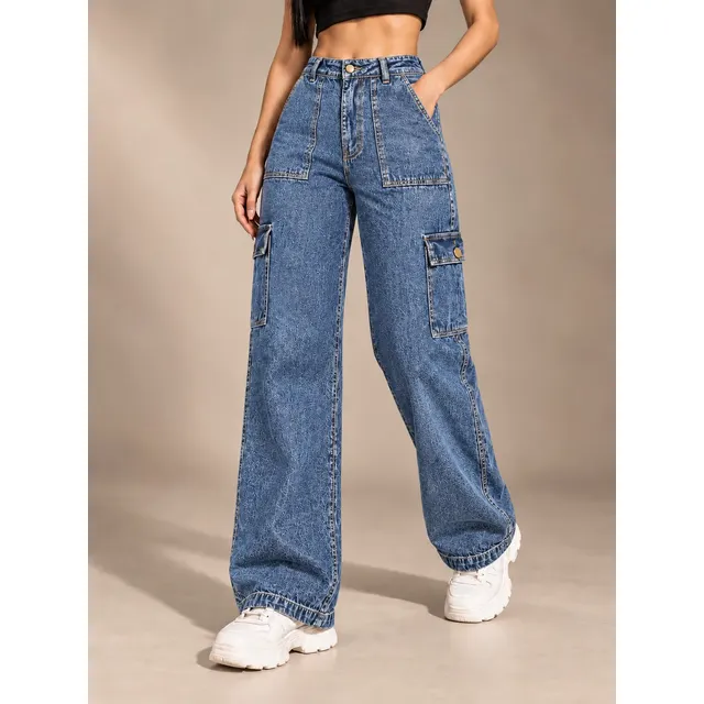 Calça Cargo Wide Leg Jeans Feminina Cintura Alta Bolsos