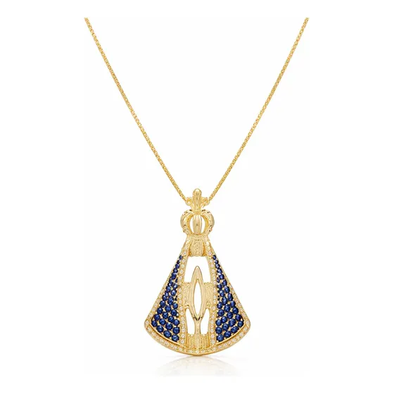 Colar Corrente Nossa Senhora Aparecida Azul Banhado Ouro 18k