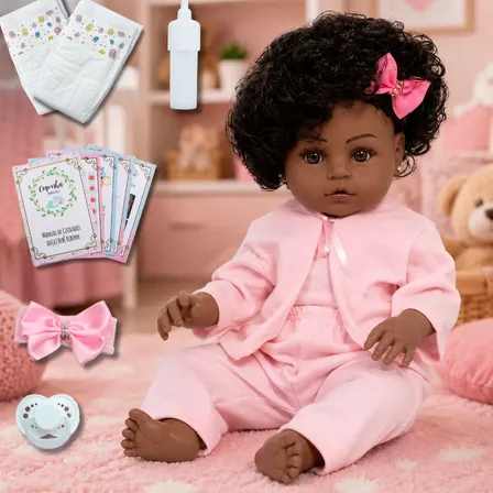 Boneca Reborn Bebê Realista Negra Pijama Roupão 13 Itens