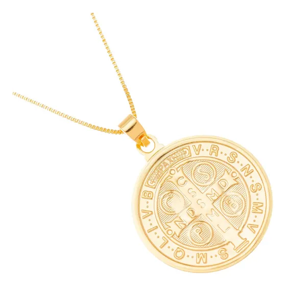 Colar Corrente Medalha De São Bento Folheada A Ouro Semijoia