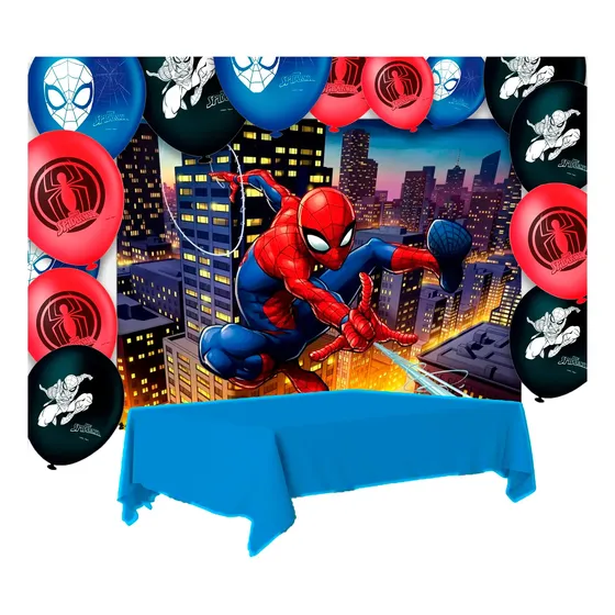 Kit Festa Homem Aranha Decora Toalha Azul +25 Balões +painel