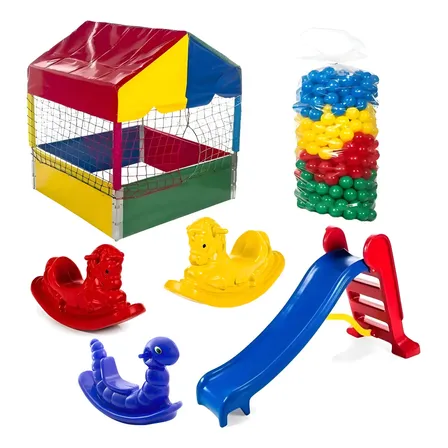 Kit Piscina 1m Com 500 Bolinhas + Escorrega M + 3 Gangorras Colorido