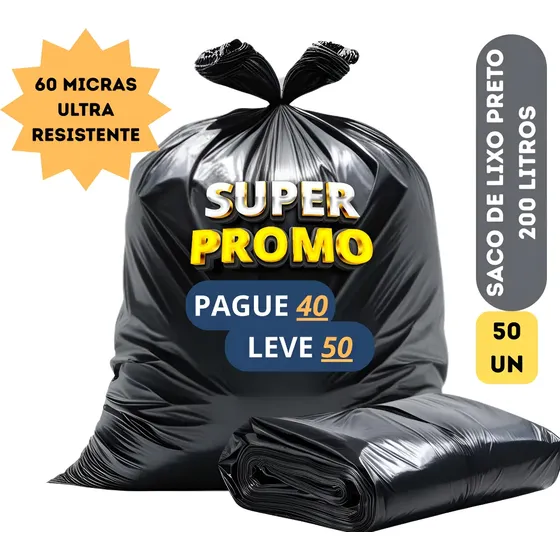 Saco De Lixo 200l Preto Reforçado Pacote Com 50 Unidades