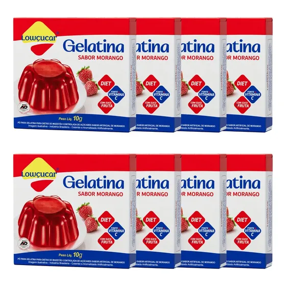 Kit Com 8 Gelatina Lowçucar Sabor Morango Zero Açúcar 10g