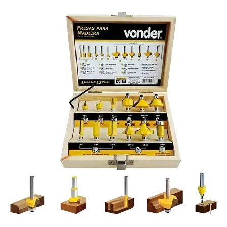 Kit Jogo Fresas Para Tupia Madeira 12 Peças Haste 6mm Vonder