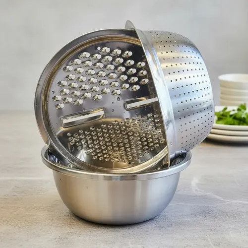 Tigela Bowl Inox Com Ralador E Escorredor Massa Kit 3 Em 1 Prateado