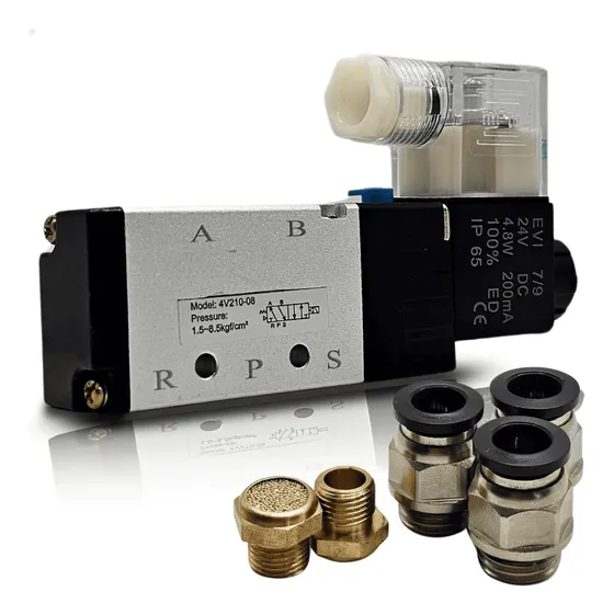 Válvula Direcional 5/2 Vias 24v + Silenciador + Conexão 8mm
