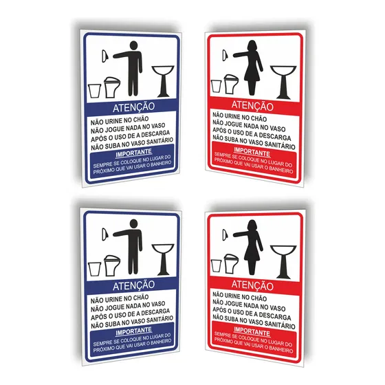 4 Placas Sinalização Banheiro Masculino E Feminino Regras