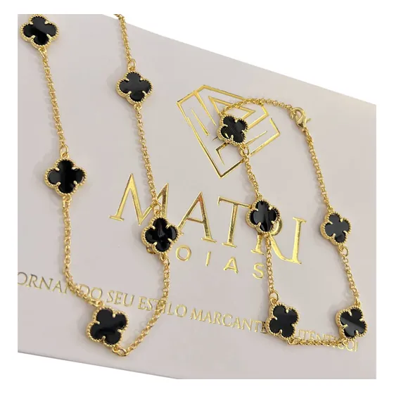 Corrente E Pulseira Trevo Preto Ajustável Banhado A Ouro 18k Dourado
