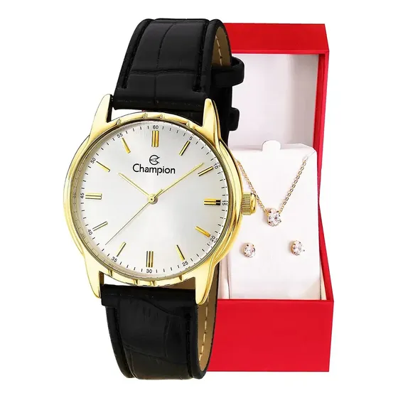 Relógio Champion Feminino Dourado Couro + Colar E Brincos