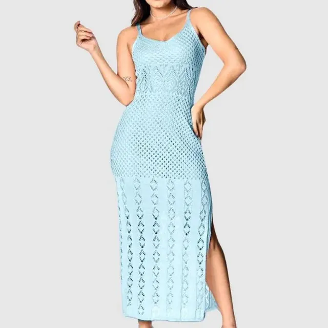 Vestido Longo Tricot Alcinha Fenda Elegante Lançamento Verão Azul-claro Único
