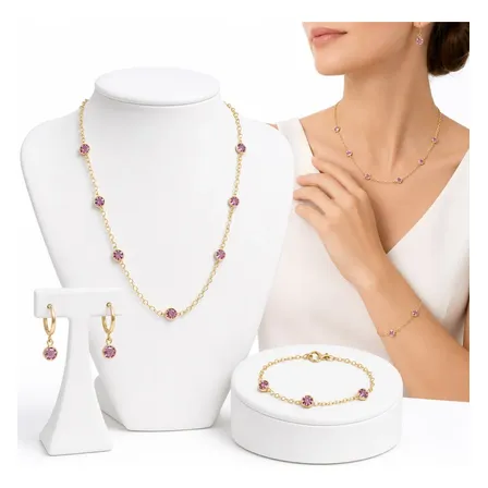 Kit Colar Cordão Pulseira Brinco Argola Rosa Folheado A Ouro Dourado Com Pedra Rosa
