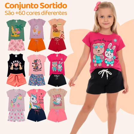 Kit Infantil 10 Peças Menina Conjunto Verão 5 Shorts+5 Blusa Kit 5 Conjuntos Sortidos 10 8 - Veste [105-117cm]