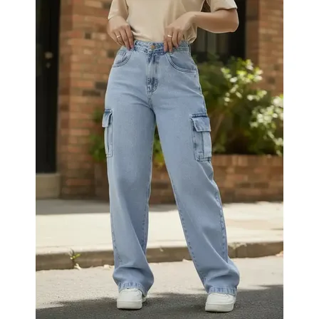 Calça Jeans Feminina Cargo Levanta Bumbum Cintura Alta Azul-claro Liso 34