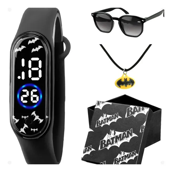 Relogio Digital Infantil Batman + Oculos Sol + Colar + Caixa