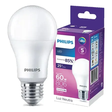 Kit 10 Lampada Led Bulbo Philips 9w Branco Neutro 4000k E27 127/220v Branco Neutro 4000k