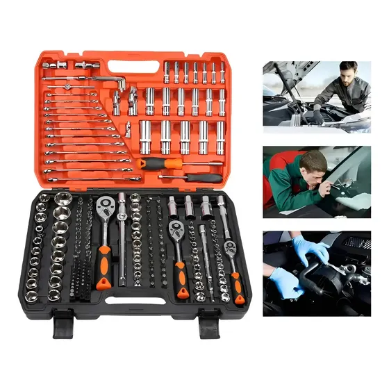 Kit Jogo De Soquete Chave Catraca 216 Pcs Aço Cr-v Vermelho