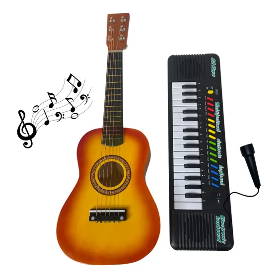 Kit Mini Violão Infantil De Madeira+ Piano Teclado Musical