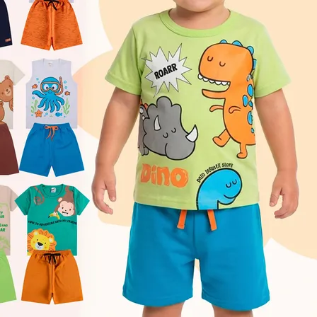 Kit Infantil 10 Peças Menino Conjunto 5 Shorts+5 Camisetas Kit 5 Conjuntos Infantil 8 Peças 2 - Veste 1 Ano